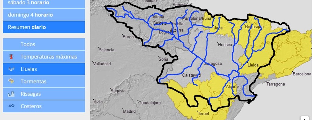 AVISO HIDROLÓGICO - Debido a las lluvias, se intensifica la vigilancia en cauces con cuenca vertiente pequeña y barrancos en el noreste y sur de la cuenca del Ebro