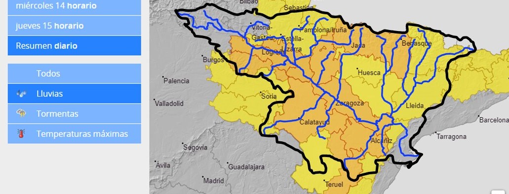 AVISO HIDROLÓGICO - Debido a las lluvias, se intensifica la vigilancia en cauces con cuenca vertiente pequeña y barrancos en casi cualquier punto de la Cuenca del Ebro, salvo cuenca alta y desembocadura