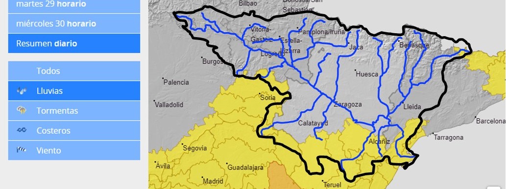 AVISO HIDROLÓGICO - La CHE intensifica la vigilancia y recuerda la posibilidad de crecidas súbitas importantes de carácter local en barrancos y cauces, en el tercio sur de la cuenca del Ebro, así como en la Ibérica soriana